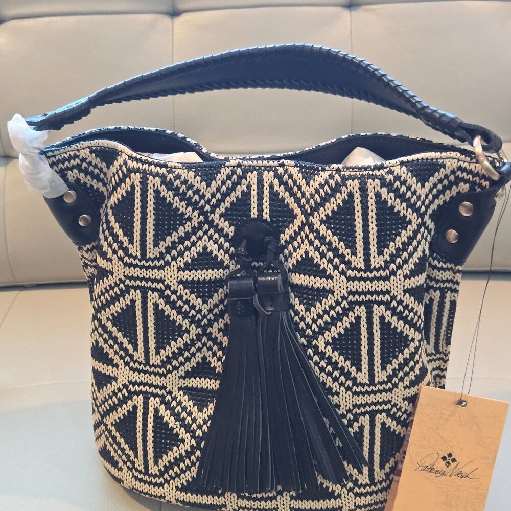 PATRICIA NASH TRIBAL PRINT WITH BLACK LEATHER TASSEL BUCKET BAG